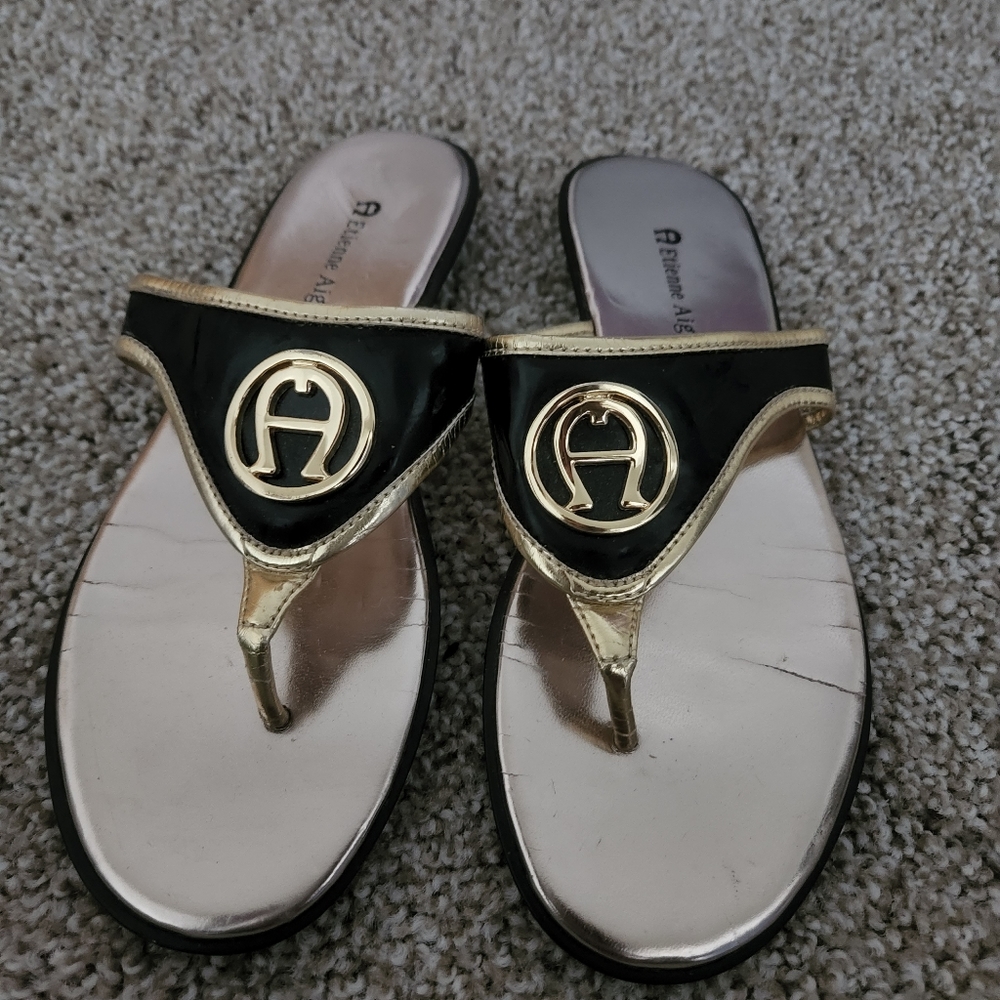 Etienne Aigner Black and Gold Logo Thong Sandals